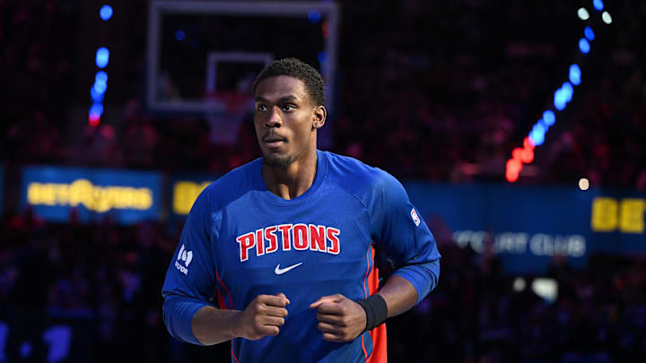 Mar 20, 2026; Detroit, Michigan, USA;  Detroit Pistons center Jalen Duren (0) takes the floor during player introductions before their game against the Golden State Warriors at Little Caesars Arena. Mandatory Credit: Lon Horwedel-Imagn Images
