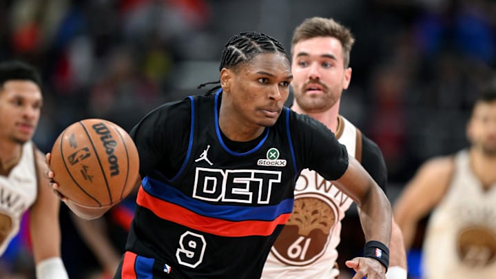 Mar 20, 2026; Detroit, Michigan, USA; Detroit Pistons guard Ausar Thompson (9) heads up court after stealing the ball from Golden State Warriors guard Will Richard (not pictured) in the first half at Little Caesars Arena. Mandatory Credit: Lon Horwedel-Imagn Images Mar 20, 2026; Detroit, Michigan, USA; Detroit Pistons guard Ausar Thompson (9) heads up court after stealing the ball from Golden State Warriors guard Will Richard (not pictured) in the first half at Little Caesars Arena. Mandatory Credit: Lon Horwedel-Imagn Images