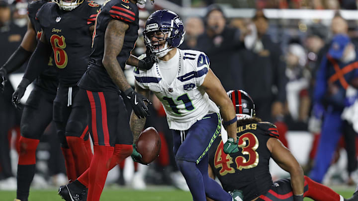 Jan 3, 2026; Santa Clara, California, USA; Seattle Seahawks wide receiver Jaxon Smith-Njigba (11) reacts after a catch against the San Francisco 49ers during the second half at Levi's Stadium. Mandatory Credit: Sergio Estrada-Imagn Images