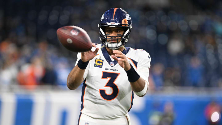 Dec 16, 2023; Detroit, Michigan, USA; Denver Broncos quarterback Russell Wilson (3) warms up before a game against the Detroit Lions at Ford Field. Mandatory Credit: Lon Horwedel-USA TODAY Sports Dec 16, 2023; Detroit, Michigan, USA; Denver Broncos quarterback Russell Wilson (3) warms up before a game against the Detroit Lions at Ford Field. Mandatory Credit: Lon Horwedel-USA TODAY Sports