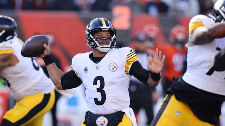 Dec 1, 2024; Cincinnati, Ohio, USA; Pittsburgh Steelers quarterback Russell Wilson (3) throws during the first quarter against the Cincinnati Bengals at Paycor Stadium. Mandatory Credit: Joseph Maiorana-Imagn Images Dec 1, 2024; Cincinnati, Ohio, USA; Pittsburgh Steelers quarterback Russell Wilson (3) throws during the first quarter against the Cincinnati Bengals at Paycor Stadium. Mandatory Credit: Joseph Maiorana-Imagn Images