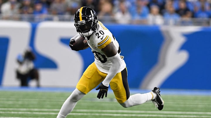 Aug 24, 2024; Detroit, Michigan, USA;  Pittsburgh Steelers cornerback Cameron Sutton (20) runs upfield after intercepting a pass against the Detroit Lions in the third quarter at Ford Field. Mandatory Credit: Lon Horwedel-Imagn Images