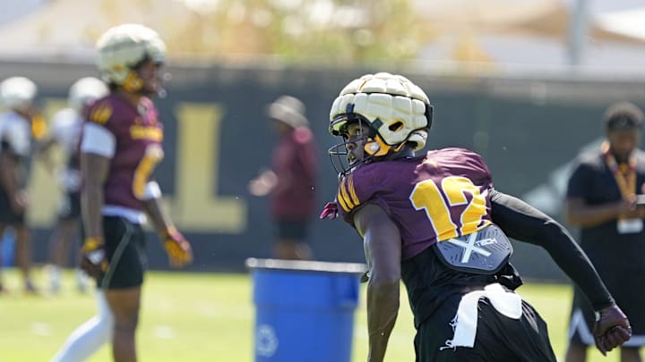 Arizona State wide receiver Malik McClain (12) runs a drill during football practice at Kajikawa practice fields in Tempe on Aug 1, 2025.