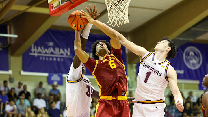 Nov 26, 2025; Lahaina, HI, USA; Arizona State Sun Devils center Massamba Diop (35) and forward Santiago Trouet (1) block the shot of USC Trojans forward Jacob Cofie (6) during the second half in the championship match at Lahaina Civic Center. Mandatory Credit: Marco Garcia-Imagn Images