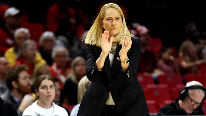 Mar 24, 2025; College Park, Maryland, USA; Maryland Terrapins head coach Brenda Frese looks on during the first half against the Alabama Crimson Tide at Xfinity Center. Mandatory Credit: Daniel Kucin Jr.-Imagn Images