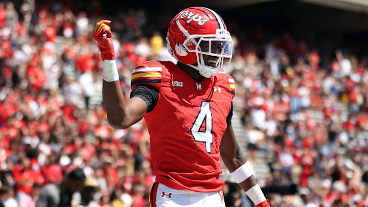 Aug 30, 2025; College Park, Maryland, USA; Maryland Terrapins wide receiver Shaleak Knotts celebrates after scoring a touchdown during the first half against the Florida Atlantic Owls at SECU Stadium.