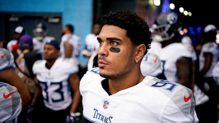 Tennessee Titans linebacker Rashad Weaver (99) gets ready to take the field to face the Los Angeles Chargers at Nissan Stadium in Nashville, Tenn., Sunday, Sept. 17, 2023. Tennessee Titans linebacker Rashad Weaver (99) gets ready to take the field to face the Los Angeles Chargers at Nissan Stadium in Nashville, Tenn., Sunday, Sept. 17, 2023.