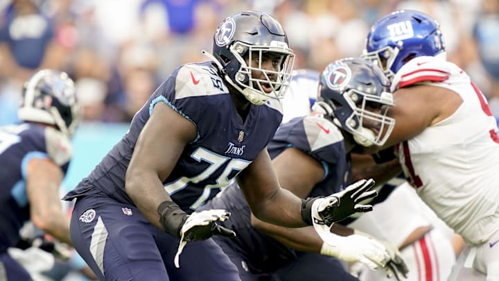 Sep 11, 2022; Nashville, Tennessee, USA; Tennessee Titans offensive tackle Nicholas Petit-Frere (78) provides pass protection during the third quarter at Nissan Stadium. Mandatory Credit: George Walker IV-Imagn Images
