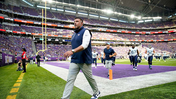 Tennessee Titans Head Coach Mike Vrabel heads off the field during warmups at U.S. Bank Stadium in Minneapolis, Minn., Saturday, Aug. 19, 2023. Vrabel was fired by owner Amy Adams Strunk Monday after having two consecutive losing seasons.