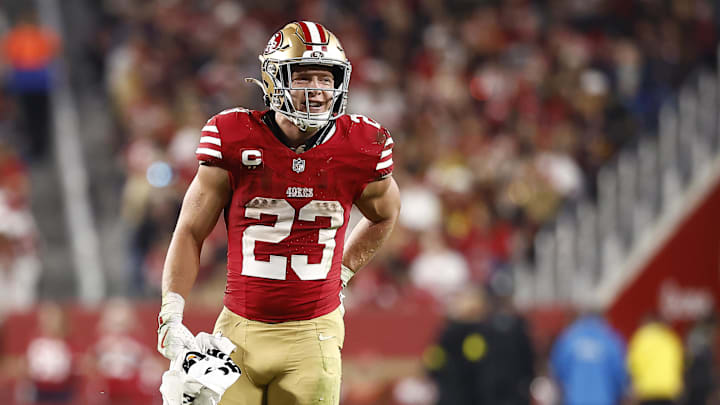 Nov 24, 2025; Santa Clara, California, USA; San Francisco 49ers running back Christian McCaffrey (23) reacts against the Carolina Panthers during the second half at Levi's Stadium. Mandatory Credit: Kelley L Cox-Imagn Images Nov 24, 2025; Santa Clara, California, USA; San Francisco 49ers running back Christian McCaffrey (23) reacts against the Carolina Panthers during the second half at Levi's Stadium. Mandatory Credit: Kelley L Cox-Imagn Images