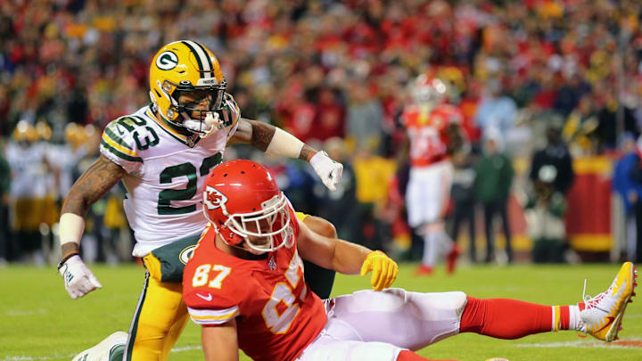 Oct 27, 2019; Kansas City, MO, USA; Green Bay Packers cornerback Jaire Alexander (23) reacts after breaking up a pass intended for Kansas City Chiefs tight end Travis Kelce (87) at Arrowhead Stadium. Mandatory Credit: Jay Biggerstaff-Imagn Images