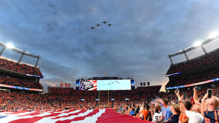 Oct 17, 2019; Denver, CO, USA; General view of a flyover before the game between the Kansas City Chiefs against the Denver Broncos at Empower Field at Mile High. Mandatory Credit: Ron Chenoy-Imagn Images