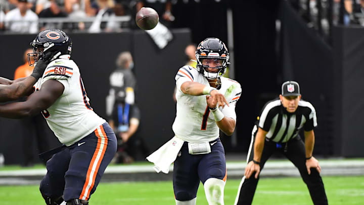 Oct 10, 2021; Paradise, Nevada, USA; Chicago Bears quarterback Justin Fields (1) makes a pass during a game against the Las Vegas Raiders at Allegiant Stadium. Mandatory Credit: Stephen R. Sylvanie-Imagn Images