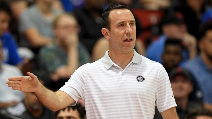 Jul 11, 2019; Las Vegas, NV, USA; Los Angeles Clippers Summer League head coach Brian Adams is pictured during a game against the Sacramento Kings at Cox Pavilion.