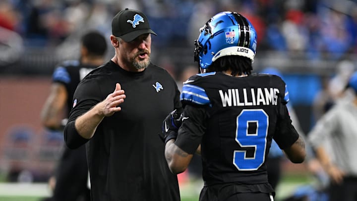 Dec 15, 2024; Detroit, Michigan, USA; Detroit Lions head coach Dan Campbell greets wide receiver Jameson Williams (9) during pregame warmups before their game against the Buffalo Bills at Ford Field. Mandatory Credit: Lon Horwedel-Imagn Images Dec 15, 2024; Detroit, Michigan, USA; Detroit Lions head coach Dan Campbell greets wide receiver Jameson Williams (9) during pregame warmups before their game against the Buffalo Bills at Ford Field. Mandatory Credit: Lon Horwedel-Imagn Images