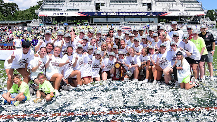 May 26, 2024; Cary, NC, USA;  The Boston College Eagles pose with the national championship trophy after defeating the Northwestern Wildcats in the Div. I NCAA women’s lacrosse national championship at WakeMed Soccer Park. Mandatory Credit: Jeffrey Camarati-USA TODAY Sports