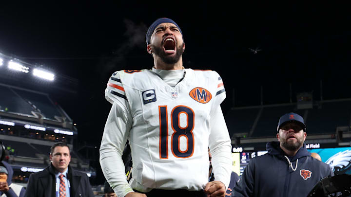 Chicago Bears' Caleb Williams celebrates after beating the Philadelphia Eagles. Mandatory Credit: Bill Streicher-Imagn Images Chicago Bears' Caleb Williams celebrates after beating the Philadelphia Eagles. Mandatory Credit: Bill Streicher-Imagn Images