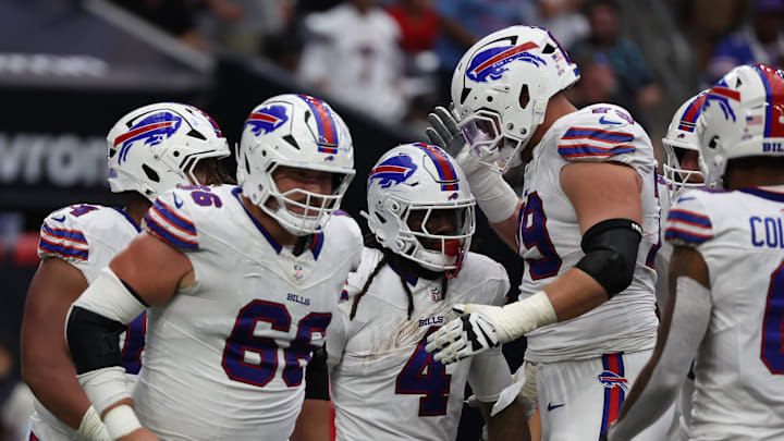 Oct 6, 2024; Houston, Texas, USA; Buffalo Bills running back James Cook (4) celebrates