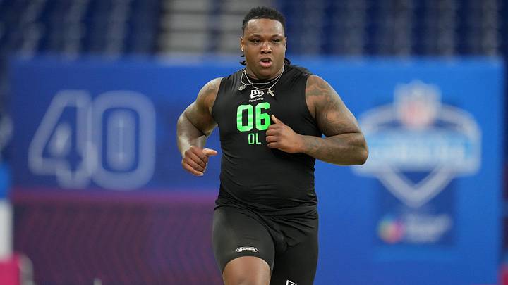 Mar 1, 2026; Indianapolis, IN, USA;  Boston College offensive lineman Jude Bowry (OL06) during the NFL Scouting Combine at Lucas Oil Stadium
