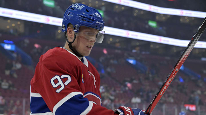 Sep 23, 2024; Montreal, Quebec, CAN; Montreal Canadiens forward Patrik Laine (92) warms up before a game against the Philadelphia Flyers at the Bell Centre. Mandatory Credit: Eric Bolte-Imagn Images