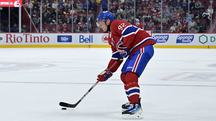 Sep 23, 2024; Montreal, Quebec, CAN; Montreal Canadiens forward Patrik Laine (92) plays the puck against the Philadelphia Flyers during the second period at the Bell Centre. Mandatory Credit: Eric Bolte-Imagn Images