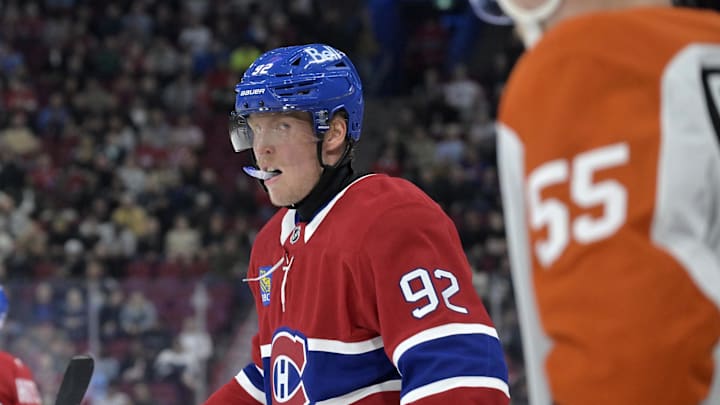Sep 23, 2024; Montreal, Quebec, CAN; Montreal Canadiens forward Patrik Laine (92) prepares for a face off against the Philadelphia Flyers during the second period at the Bell Centre. Mandatory Credit: Eric Bolte-Imagn Images
