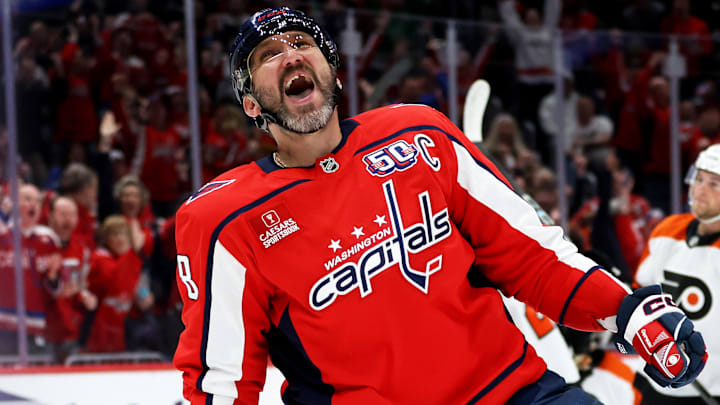 Mar 20, 2025; Washington, District of Columbia, USA; Washington Capitals left wing Alex Ovechkin (8) celebrates after scoring a goal during the first period against the Philadelphia Flyers at Capital One Arena. Mandatory Credit: Daniel Kucin Jr.-Imagn Images