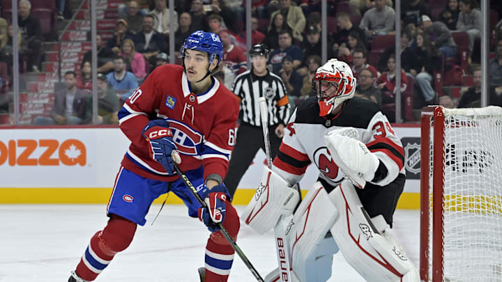 Sep 24, 2024; Montreal, Quebec, CAN; Montreal Canadiens forward Florian Xhekaj (60) screens New Jersey Devils goalie Jake Allen (34) during the first period at the Bell Centre. Mandatory Credit: Eric Bolte-Imagn Images Sep 24, 2024; Montreal, Quebec, CAN; Montreal Canadiens forward Florian Xhekaj (60) screens New Jersey Devils goalie Jake Allen (34) during the first period at the Bell Centre. Mandatory Credit: Eric Bolte-Imagn Images