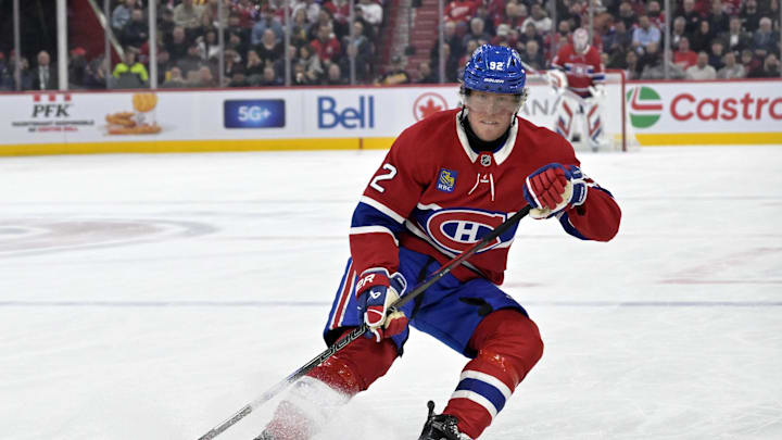 Apr 8, 2025; Montreal, Quebec, CAN; Montreal Canadiens forward Patrik Laine (92) puts on the brakes during the second period of the game against the Detroit Red Wings at the Bell Centre. Mandatory Credit: Eric Bolte-Imagn Images