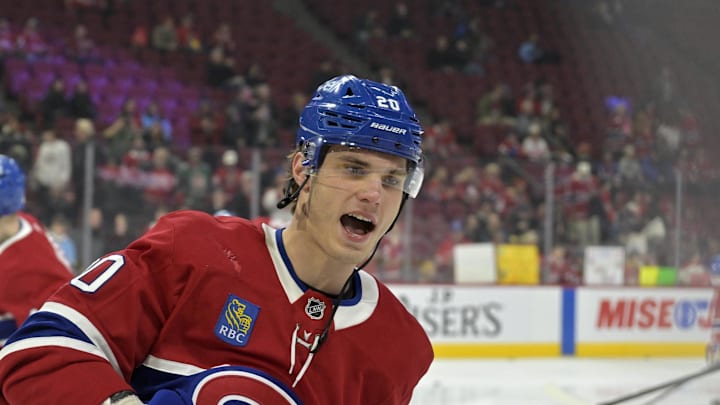Apr 8, 2025; Montreal, Quebec, CAN; Montreal Canadiens forward Juraj Slafkovsky (20) skates during the warmup period before the game against the Detroit Red Wings at the Bell Centre. Mandatory Credit: Eric Bolte-Imagn Images