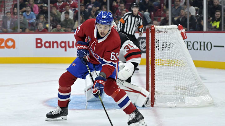 Sep 24, 2024; Montreal, Quebec, CAN; Montreal Canadiens forward Florian Xhekaj (60) plays the puck against the New Jersey Devils during the first period at the Bell Centre. Mandatory Credit: Eric Bolte-Imagn Images Sep 24, 2024; Montreal, Quebec, CAN; Montreal Canadiens forward Florian Xhekaj (60) plays the puck against the New Jersey Devils during the first period at the Bell Centre. Mandatory Credit: Eric Bolte-Imagn Images