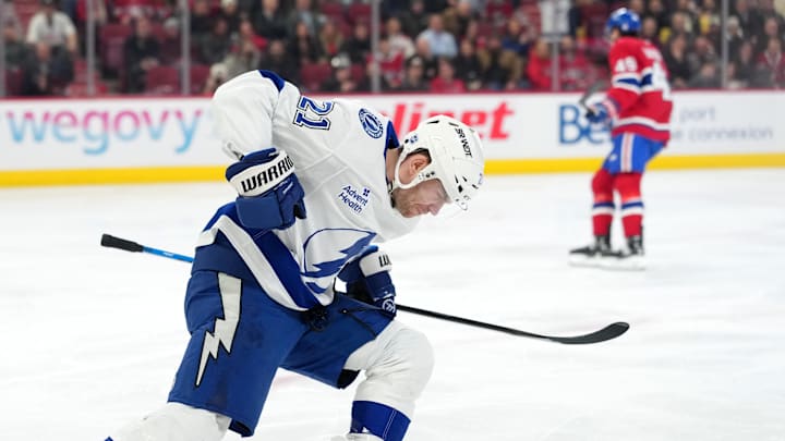 Dec 9, 2025; Montreal, Quebec, CAN; Tampa Bay Lightning forward Brayden Point (21) celebrates after scoring a goal against the Montreal Canadiens during the first period at the Bell Centre. Mandatory Credit: Eric Bolte-Imagn Images