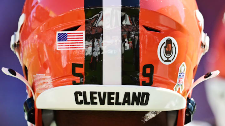 Nov 3, 2024; Cleveland, Ohio, USA; A detail of the helmet of Cleveland Browns linebacker Winston Reid (59) with a sticker honoring the late radio play by play announcer Browns Jim Donovan at Huntington Bank Field. Mandatory Credit: Ken Blaze-Imagn Images