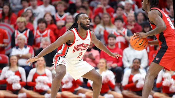 Nov 11, 2024; Columbus, Ohio, USA;  Ohio State Buckeyes guard Bruce Thornton (2) defends during the second half against the Youngstown State Penguins at Value City Arena. Mandatory Credit: Joseph Maiorana-Imagn Images