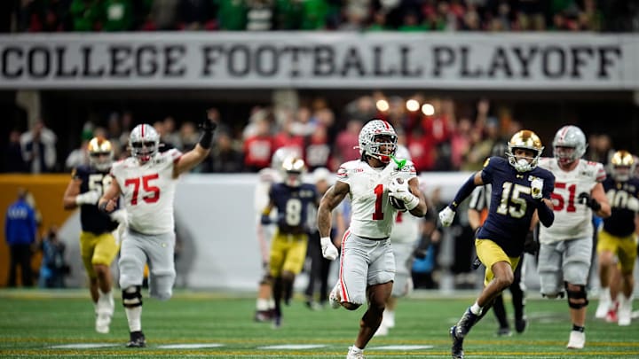 Ohio State Buckeyes running back Quinshon Judkins (1) gets away from the Notre Dame Fighting Irish defense on a long run in the third quarter during the College Football Playoff National Championship at Mercedes-Benz Stadium in Atlanta on January 20, 2025 Ohio State Buckeyes running back Quinshon Judkins (1) gets away from the Notre Dame Fighting Irish defense on a long run in the third quarter during the College Football Playoff National Championship at Mercedes-Benz Stadium in Atlanta on January 20, 2025