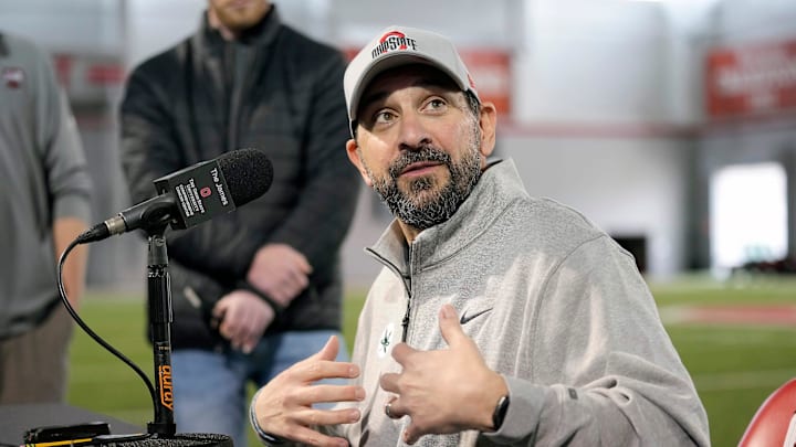 Ohio State defensive coordinator Matt Patricia speaks to the meeting during a press conference before the start of spring football at the Woody Hayes Athletic Center on March 7, 2025.