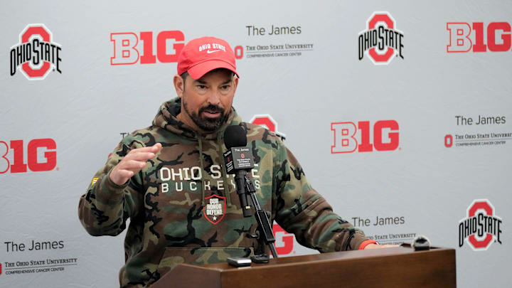 Ohio State head coach Ryan Day speaks to the meeting during a press conference before the start of spring football at the Woody Hayes Athletic Center on March 7, 2025.