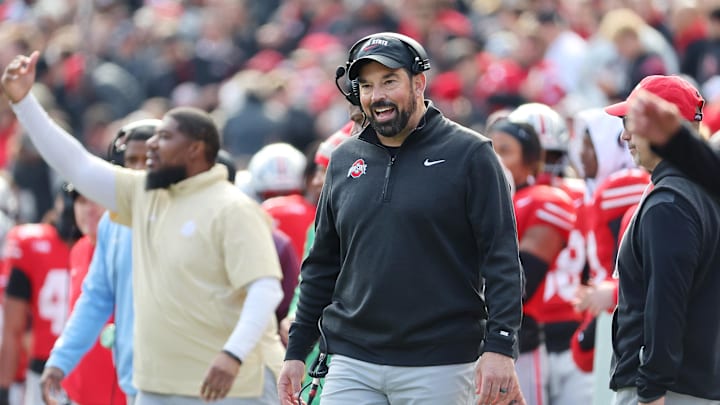Nov 1, 2025; Columbus, Ohio, USA; Ohio State Buckeyes head coach Ryan Day reacts during the third quarter against the Penn State Nittany Lions at Ohio Stadium. Mandatory Credit: Joseph Maiorana-Imagn Images