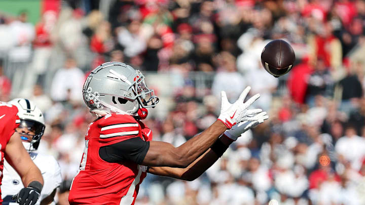 Nov 1, 2025; Columbus, Ohio, USA;  Ohio State Buckeyes wide receiver Carnell Tate (17) catches a long pass during the third quarter against the Penn State Nittany Lions at Ohio Stadium. Mandatory Credit: Joseph Maiorana-Imagn Images