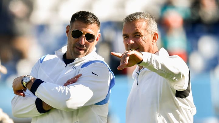 Tennessee Titans head coach Mike Vrabel and Jacksonville Jaguars head coach Urban Meyer talk before their teams face each other at Nissan Stadium Sunday, Dec. 12, 2021 in Nashville, Tenn.

Titans Jags 183