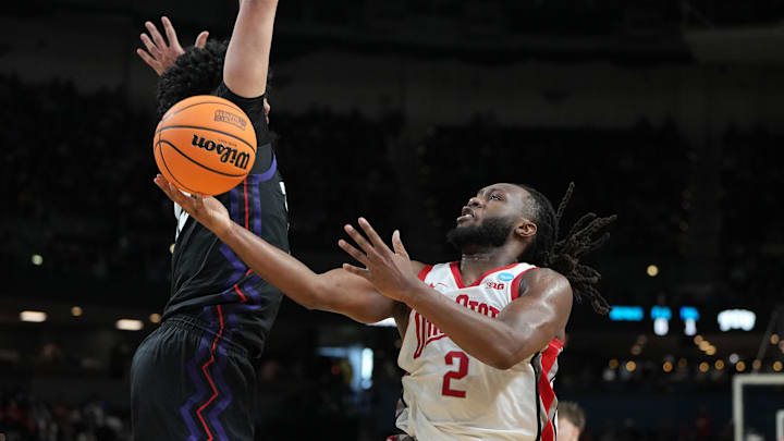 Mar 19, 2026; Greenville, SC, USA; Ohio State Buckeyes guard Bruce Thornton (2) shoots the ball against the Texas Christian University Horned Frogs in the second half during a first round game of the men's 2026 NCAA Tournament at Bon Secours Wellness Arena. Mandatory Credit: Bob Donnan-Imagn Images