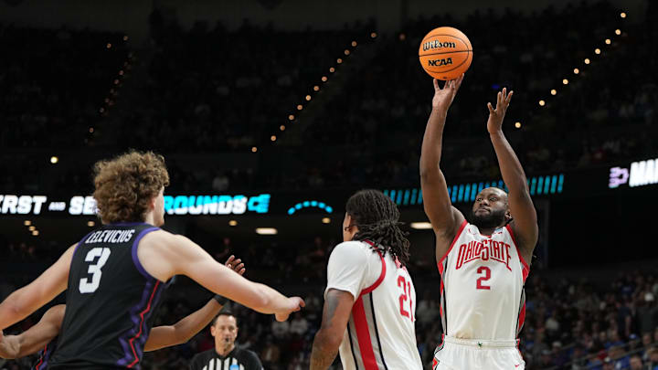 Mar 19, 2026; Greenville, SC, USA; Ohio State Buckeyes guard Bruce Thornton (2) shoots the ball against the Texas Christian University Horned Frogs in the second half during a first round game of the men's 2026 NCAA Tournament at Bon Secours Wellness Arena. Mandatory Credit: Bob Donnan-Imagn Images
