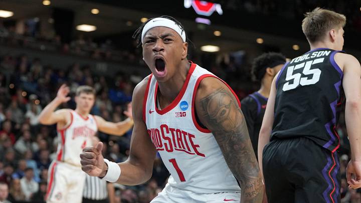 Mar 19, 2026; Greenville, SC, USA; Ohio State Buckeyes forward Amare Bynum (1) reacts against the Texas Christian University Horned Frogs in the second half during a first round game of the men's 2026 NCAA Tournament at Bon Secours Wellness Arena. Mandatory Credit: Bob Donnan-Imagn Images