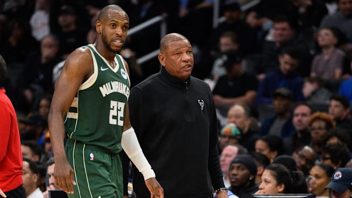 Apr 2, 2024; Washington, District of Columbia, USA; Milwaukee Bucks forward Khris Middleton (22) and head coach Doc Rivers look on during the second quarter against the Washington Wizards at Capital One Arena. Mandatory Credit: Reggie Hildred-Imagn Images Apr 2, 2024; Washington, District of Columbia, USA; Milwaukee Bucks forward Khris Middleton (22) and head coach Doc Rivers look on during the second quarter against the Washington Wizards at Capital One Arena. Mandatory Credit: Reggie Hildred-Imagn Images