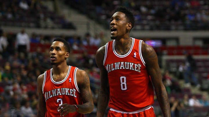Jan 29, 2013; Auburn Hills, MI, USA; Milwaukee Bucks center Larry Sanders (8) and point guard Brandon Jennings (3) look at the basket during the second quarter at The Palace of Auburn Hills. Bucks beat the Pistons 117-90. Mandatory Credit: Raj Mehta-Imagn Images