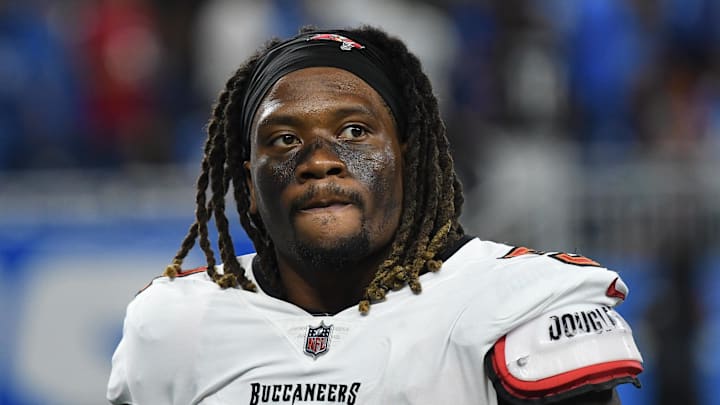 Sep 15, 2024; Detroit, Michigan, USA; Tampa Bay Buccaneers linebacker J.J. Russell (51) looks on after their game against the Detroit Lions at Ford Field. Mandatory Credit: Eamon Horwedel-Imagn Images