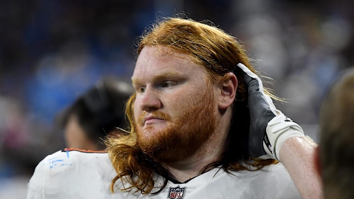 Tampa Bay Buccaneers guard Cody Mauch looks on before their game against the Detroit Lions. Tampa Bay Buccaneers guard Cody Mauch looks on before their game against the Detroit Lions.