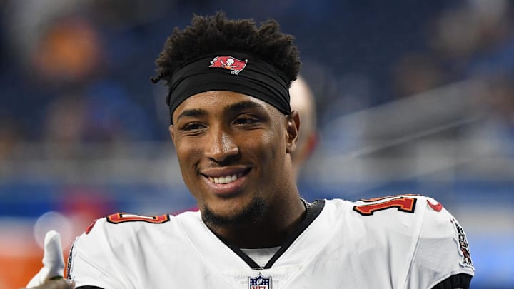 Tampa Bay Buccaneers wide receiver Trey Palmer (10) smiles before their game against the Detroit Lions.