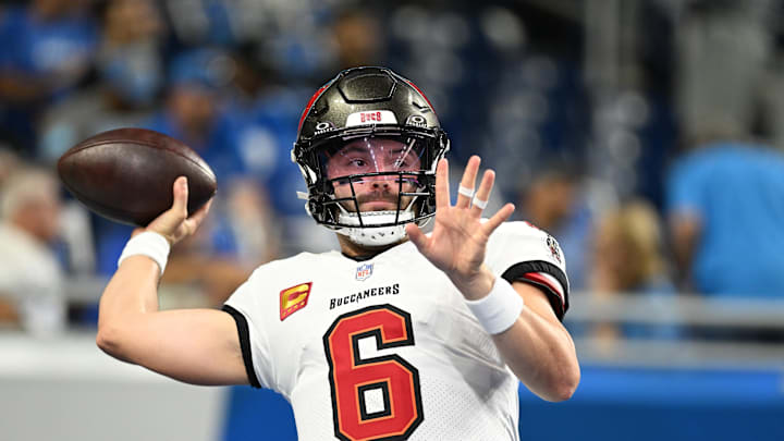 Sep 15, 2024; Detroit, Michigan, USA;  Tampa Bay Buccaneers quarterback Baker Mayfield (6) warms up before their game against the Detroit Lions at Ford Field. Mandatory Credit: Eamon Horwedel-Imagn Images