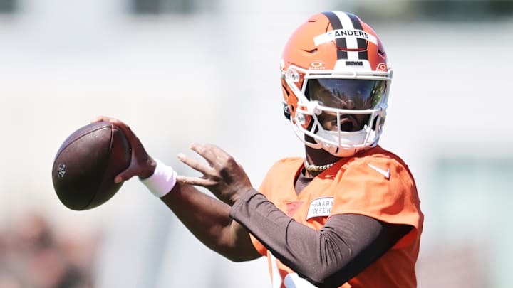 May 9, 2025; Berea, OH, USA; Cleveland Browns quarterback Shedeur Sanders (12) throws a pass during rookie minicamp at CrossCountry Mortgage Campus. Mandatory Credit: Ken Blaze-Imagn Images